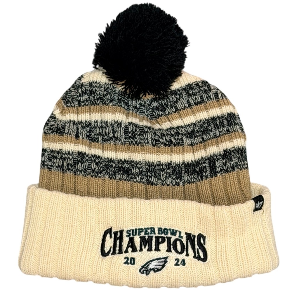 47 Brand Philadelphia Eagles Beanie OSFA Cream Tan Striped Pom Hat Vintage Style